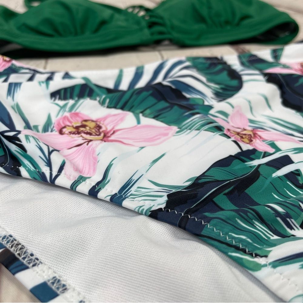 TEMPTME green floral lace up high waisted 2-piece swimsuit bikini NEW, size M - Picture 11 of 15